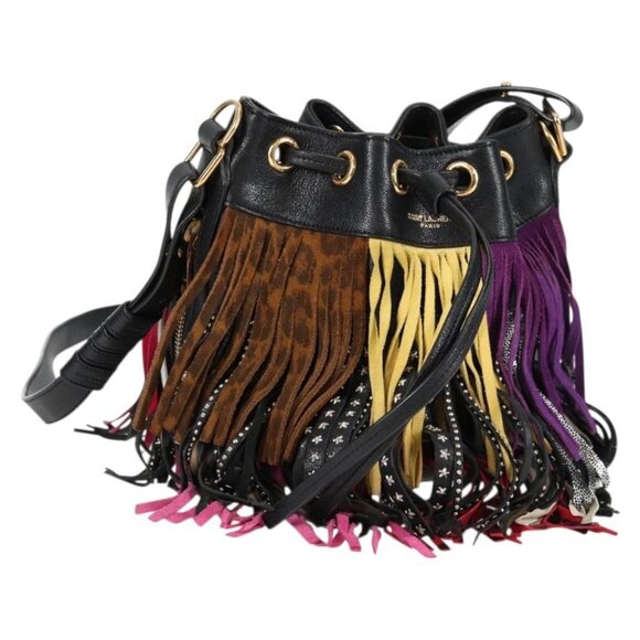 SAINT LAURENT Fringe Shoulder Bag Leather Black Gold Auth 121510M - Picture 1 of 16